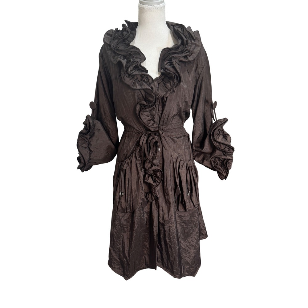 Pretty Angel Coat Women's Large Brown Silk Blend Ruffled Victorian Romantic - Picture 2 of 10